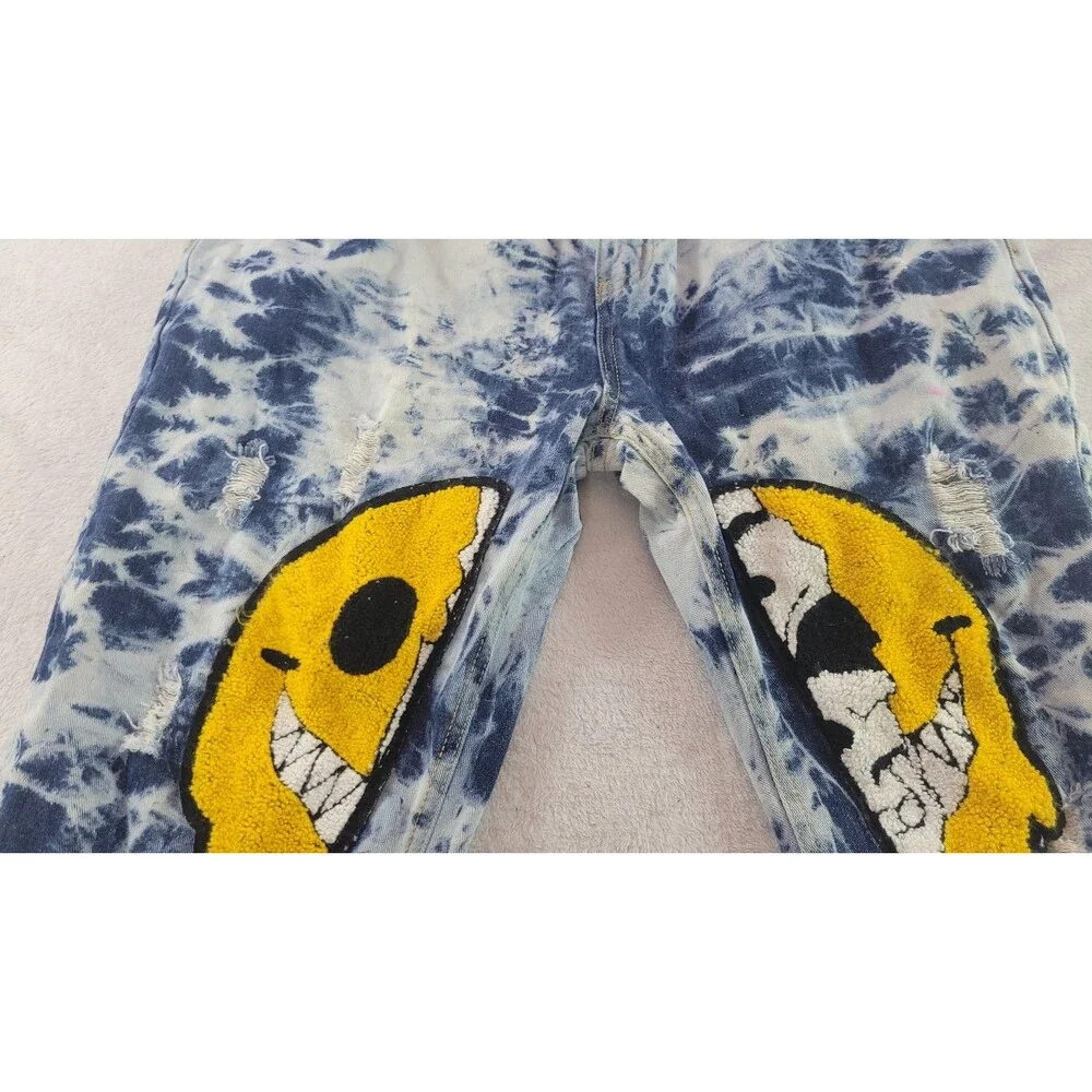 Shein Men's Tie Dye Cartoon Graphic Patched Jeans Blue Distressed Size 40